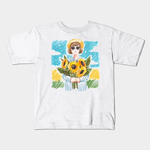 Girl Flower hand drawn Kids T-Shirt by Mako Design 